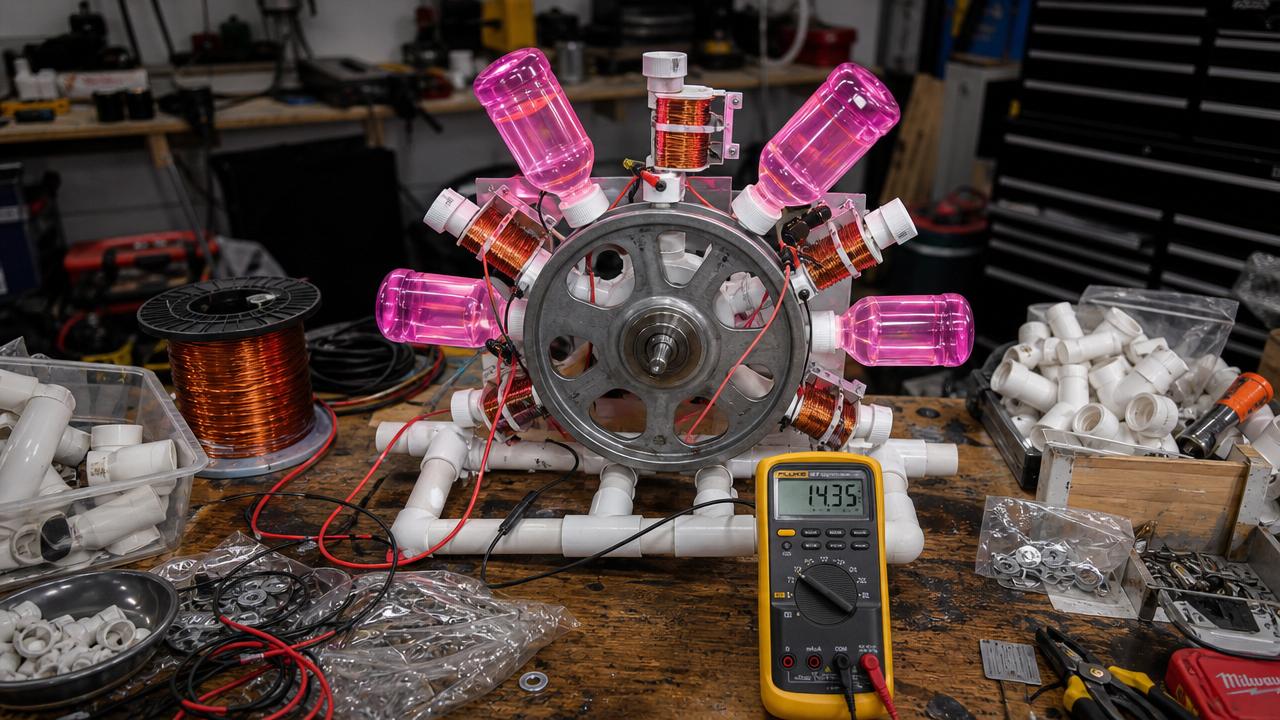 A DIY Tesla-inspired power device with copper coils, assembled in a rural backyard